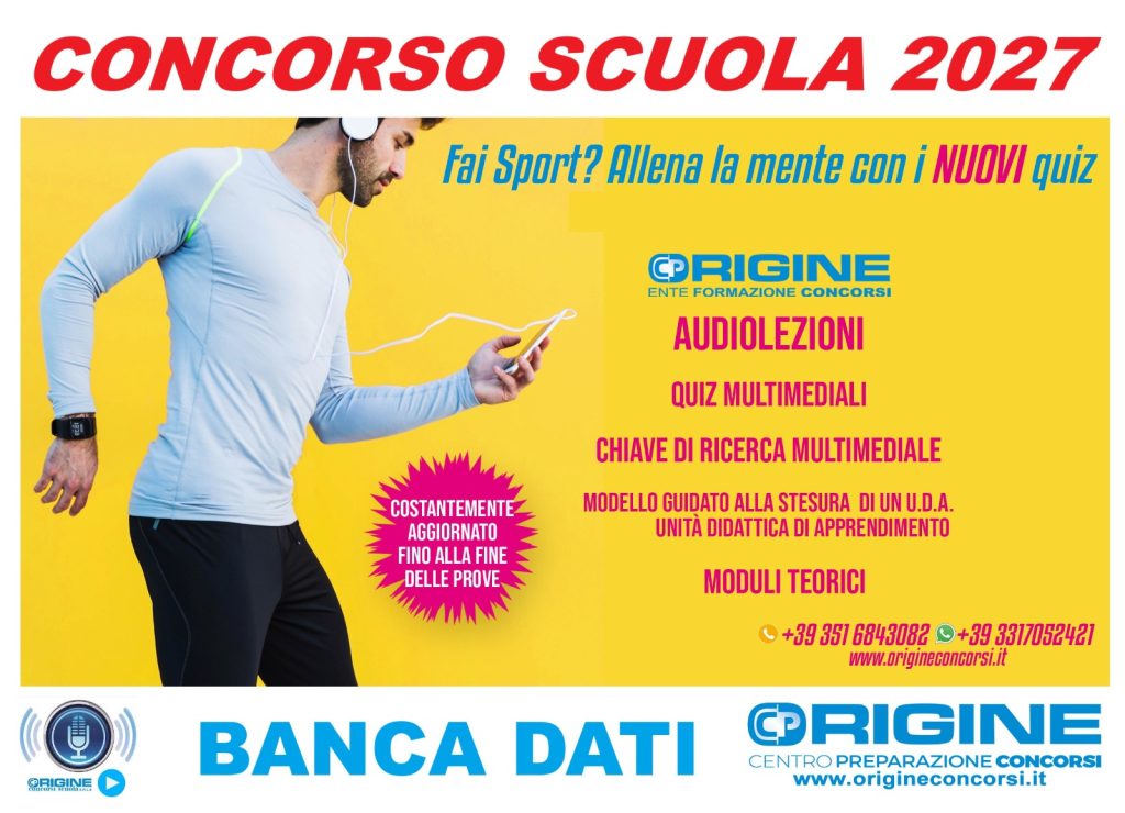 Concorso scuola 2027 - InfoMiur.it Poster advertising 'Concorso Scuola 2027' with a man in a blue athletic shirt and headphones looking at a smartphone on a bright yellow background, plus blue and pink promotional text on the right edge.