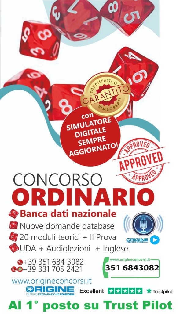 concorso ordinario dadi 2027 - InfoMiur.it Promotional banner for Concorso Ordinario with dice graphics, a 'Garantito' badge, a red circle saying 'con simulatore digitale sempre aggiornato', and an 'Approved' stamp, plus course details about the national question bank and modules.