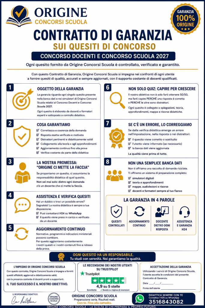 Poster informativo sul Contratto di Garanzia Origine Conorsi Scuola 2027, con sezioni numerate 1–8 e icone arancione/blu.