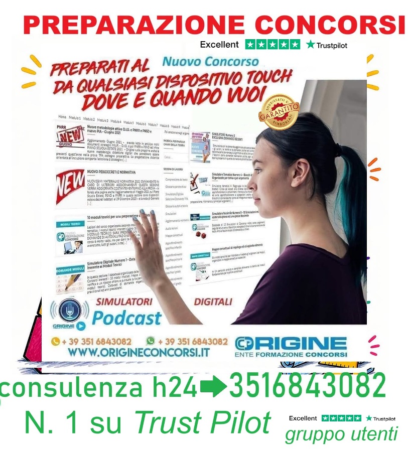 Advertisement for 'Preparazione Concorsi' online courses; a woman touches a large touchscreen display showing course information and logos.